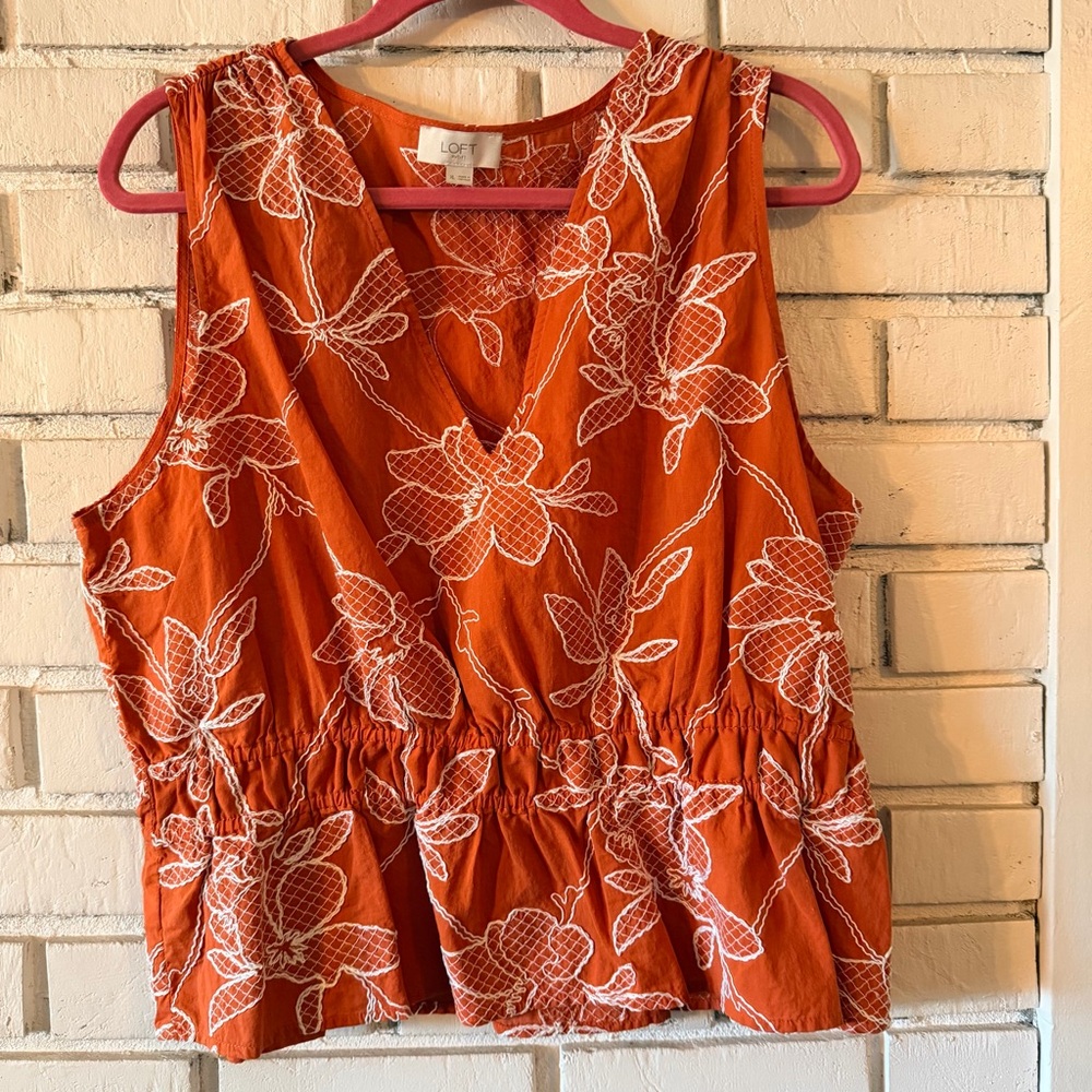 LOFT Orange Sleeveless Floral Embroidered V-Neck Top